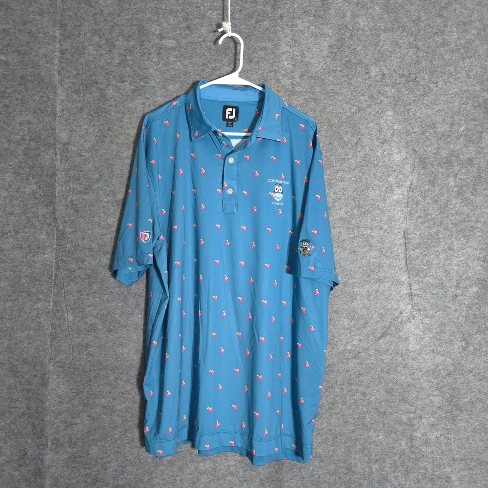 FootJoy Golf Polo Mens XL Blue Cocktail Print Steak Open Short Sleeve Stretch